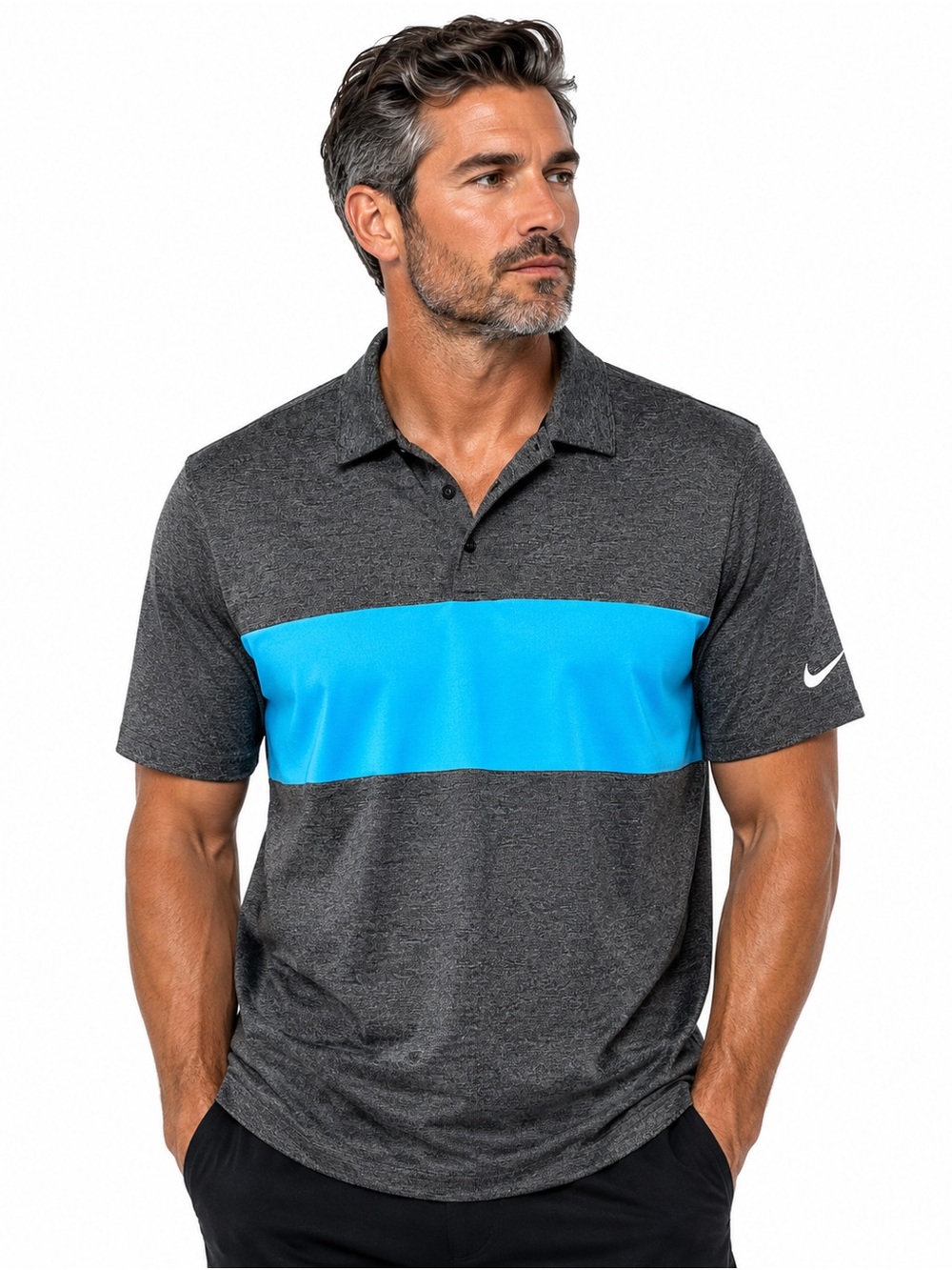 Nike Men's Charcoal Heather Golf Polo with Bright Blue Chest Panel
